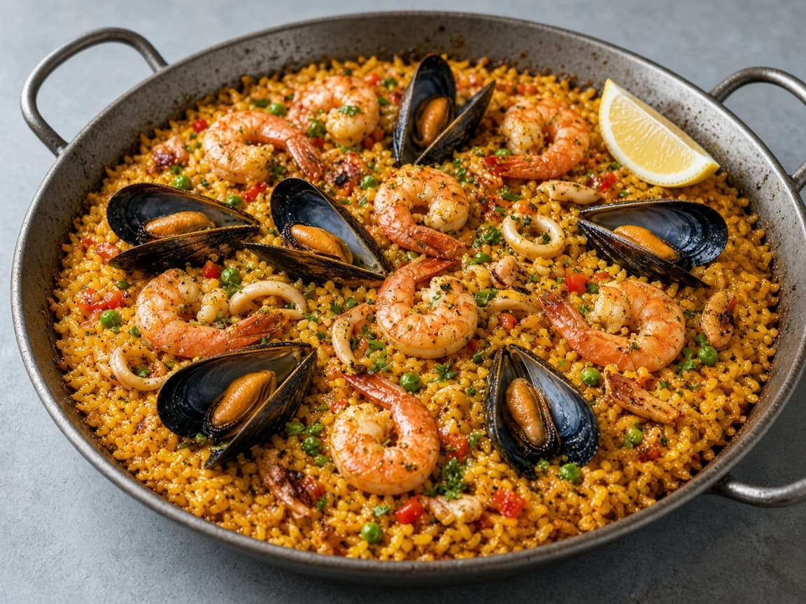 Wide pan of saffron rice with shrimp, mussels, and lemon