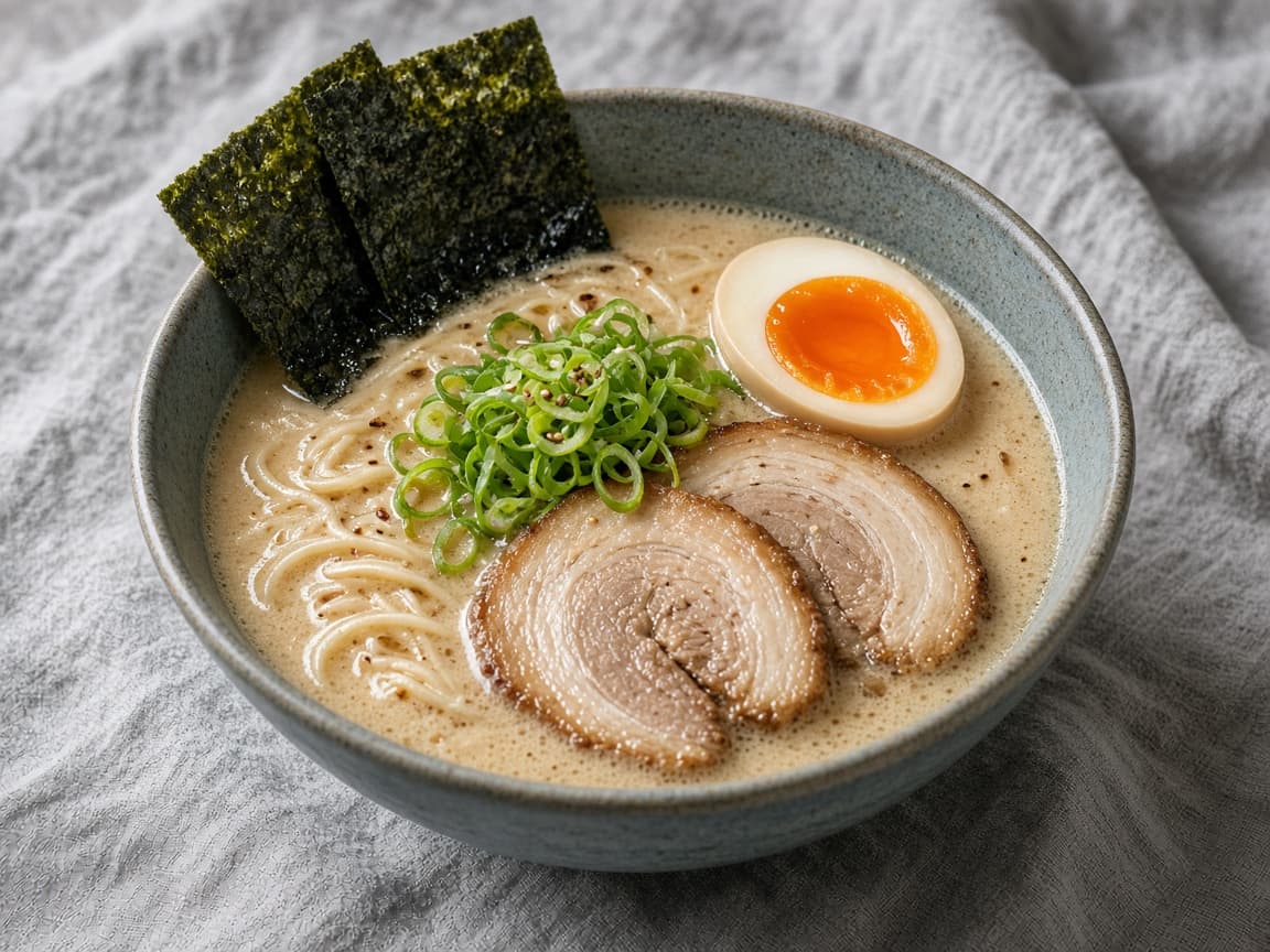 Bowl of creamy pork-broth ramen with egg, pork, and scallions