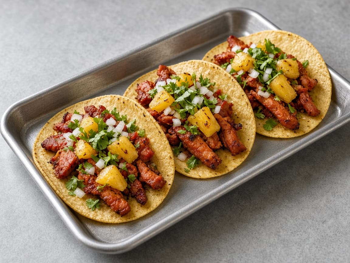 Three corn tortillas filled with pork, pineapple, onion, and cilantro